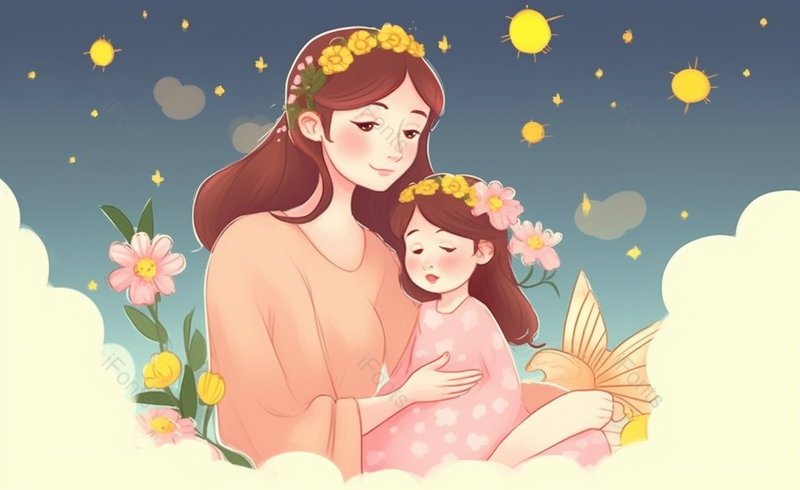 头戴花环母女卡通小清新母亲节母女插画海报背景宣传图,插画/手绘图,插画/手绘图库,插画/手绘图下载,插画/手绘